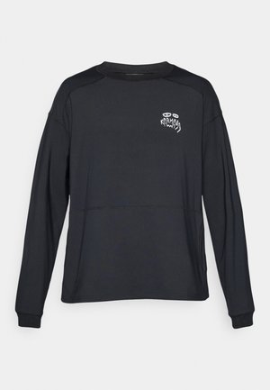 Black long-sleeve t-shirt made of soft fabric. Features a rounded neckline, ribbed cuffs, and a small graphic print on the chest.