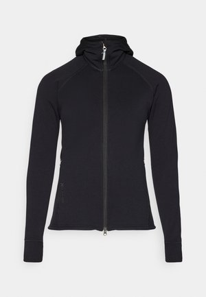 Black athletic zip-up jacket with a hood, long sleeves, and seam detailing. Features a full-length zipper and side pockets.
