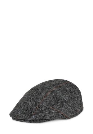 Szara tweedowa czapka typu flat cap z wzorem w jodełkę, z delikatnymi czerwonymi i niebieskimi akcentami w haftach oraz zaokrąglonym kształtem.