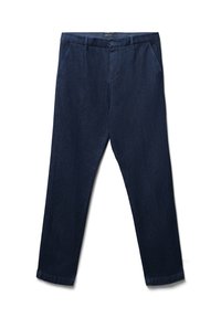 Pantaloni blu navy a gamba dritta, realizzati in morbido tessuto denim. Presentano tasche frontali e chiusura con bottone in vita.