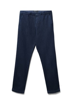 Pantalon bleu marine à coupe droite, confectionné en denim doux. Comprend des poches à l'avant et une fermeture à bouton à la taille.