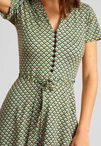 Zielona sukienka w wzory z krótkimi rękawami, zapinana na guziki z wiązaniem w talii. Charakteryzuje się czarnymi i turkusowymi geometrycznymi wzorami na jasnym tle.