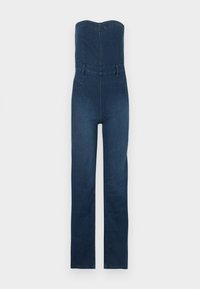 Σκούρο μπλε τζιν ολόσωμη φόρμα με σχεδιασμό χωρίς τιράντες, εφαρμοστό μπούστο, παντελόνι με ίσια μπατζάκια και εμφανείς ραφές.