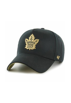 Schwarze Stoffmütze mit einem goldbestickten Toronto Maple Leafs-Logo und einem gebogenen Schirm mit kontrastierendem goldfarbenem Unterteil.
