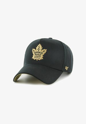 Schwarze Stoffmütze mit einem goldbestickten Toronto Maple Leafs-Logo und einem gebogenen Schirm mit kontrastierendem goldfarbenem Unterteil.