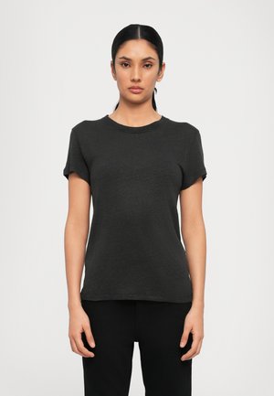 Black short-sleeve t-shirt with a round neck, made of textured fabric, relaxed fit, simple design, and no visible patterns or accents.