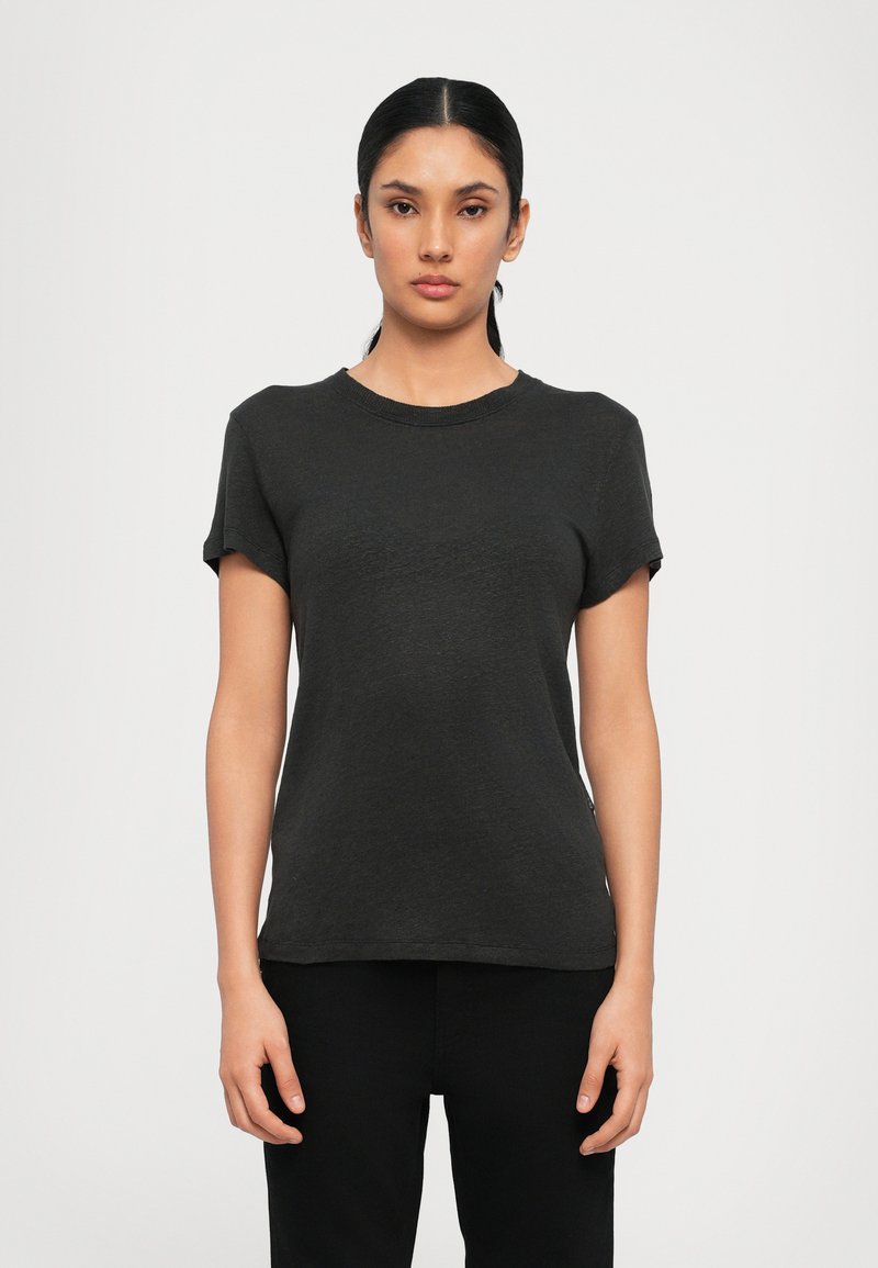 Zwarte t-shirt met korte mouwen en ronde hals, gemaakt van textuurstof, met een relaxte pasvorm, eenvoudig ontwerp en zonder zichtbare patronen of accenten.