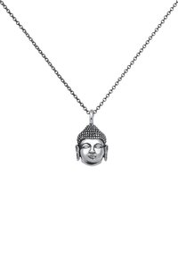 Hõbedane Buddha pea ripats peenel ketil, millel on üksikasjalikud näo omadused ja tekstureeritud kroon. Minimalistlik disain.