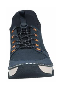 Navy blue shoe with a textile upper, elastic bungee laces, and orange accents. Features a rubber sole with a textured grip and stitching detail.