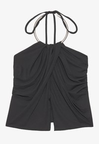 Top senza maniche nero a fascia con dettagli in anello argentato sullo scollo e tessuto drappeggiato raccolto davanti.