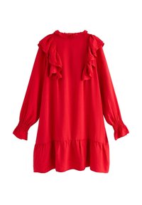 Rød kjole med lange ærmer, der har rynkede detaljer ved skuldrene og halsudskæringen. Vidde nederst med et lagdelt design. Glat tekstur.