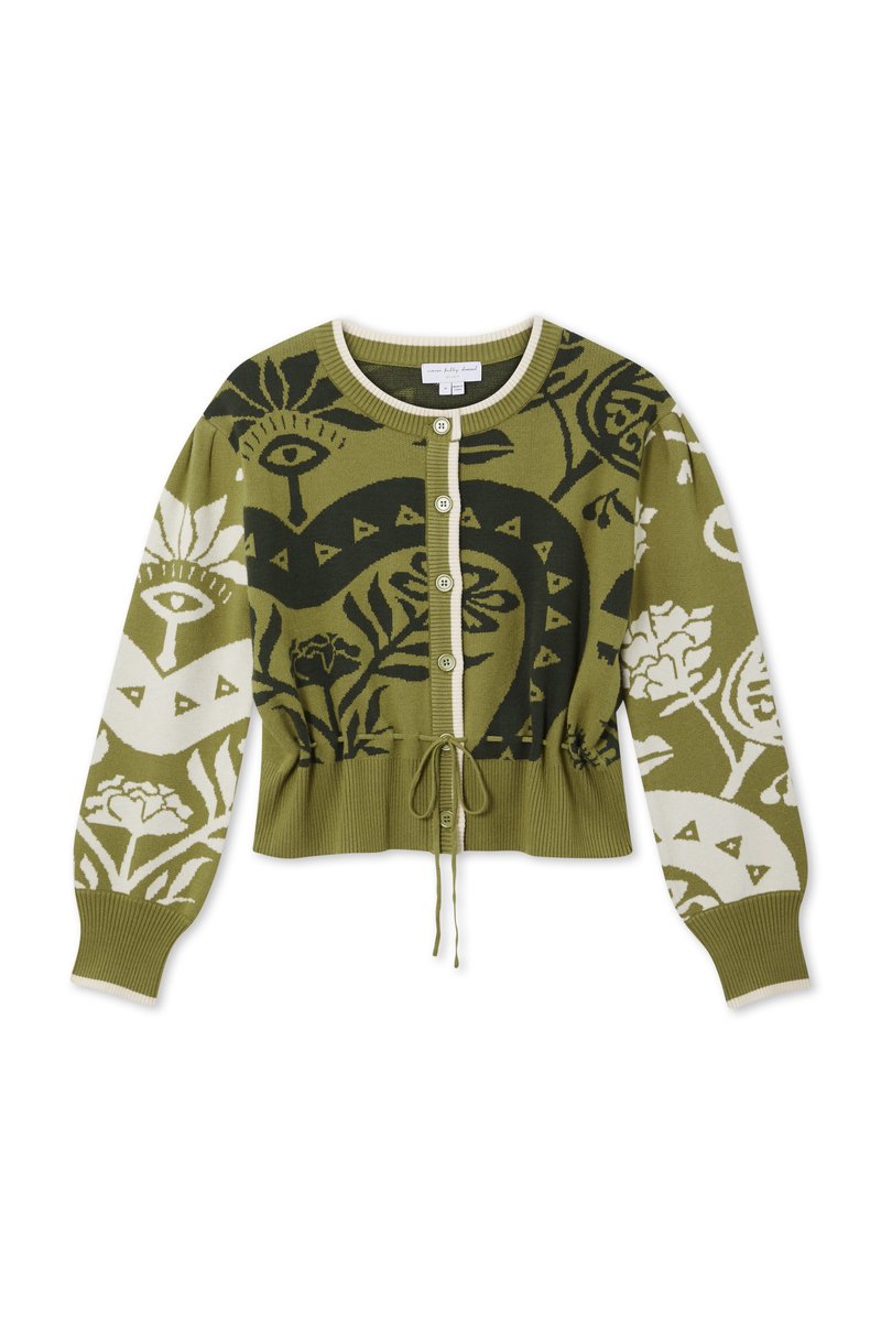 Zöld kötött kardigán, bonyolult növényi és szem mintákkal. Rövidített fazon, bordázott ujjal, kerek nyakkal és húzózsinóros derékkal.