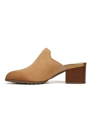 Suede mules in beige with a rounded toe, open back, and a stacked, striped heel. Textured surface with subtle stitching detail.