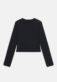 Μαύρο crop top με μακριά μανίκια και στρογγυλή λαιμόκοψη, κατασκευασμένο από λείο, ελαστικό ύφασμα. Διαθέτει πλαϊνές ανοίγματα στο τελείωμα για ευκολία κινήσεων.