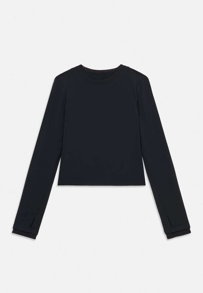 Μαύρο crop top με μακριά μανίκια και στρογγυλή λαιμόκοψη, κατασκευασμένο από λείο, ελαστικό ύφασμα. Διαθέτει πλαϊνές ανοίγματα στο τελείωμα για ευκολία κινήσεων.