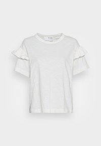 Hvit kortermet t-skjorte laget av lett stoff, med volangdetaljer på ermene og rund hals. Enkel, ren design.