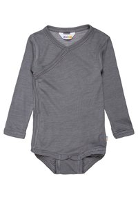 Grauer Langarm-Bodysuit mit Wickeldesign, Druckknopfverschlüssen an der Seite und am unteren Ende sowie einer weichen Textur. Verfügt über ein farbenfrohes Etikett an der Seite.