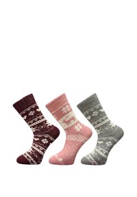 Three pairs of socks in burgundy, pink, and gray, featuring winter-themed patterns, with ribbed cuffs and soft texture.