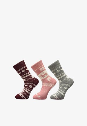 Drei Paar Socken in Burgunderrot, Pink und Grau mit winterlichen Mustern, gerippten Bündchen und weicher Textur.