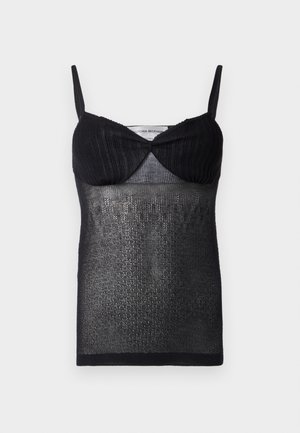 Zwarte gebreide cami top met een aangesloten lijfje, subtiele glans en spaghettibandjes, met een geribd bovenstuk en gladde stof aan de onderkant.