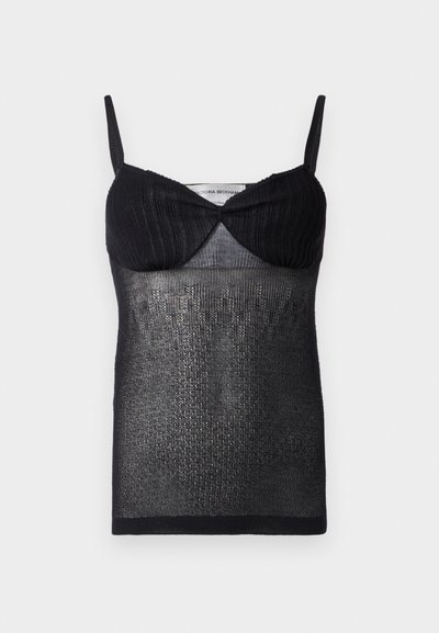 Μαύρο πλεκτό τοπ καμί με εφαρμοστό μπούστο, διακριτική γυαλάδα και λεπτές τιράντες, με ριμπ υφασμάτινο πάνω μέρος και λείο ύφασμα στο κάτω μέρος.