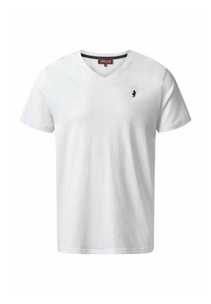 Balta kokvilnas T-veida krekls ar V veida izgriezumu, īsām piedurknēm un nelielu tumšu logotipu kreisā krūšu pusē. Gluda tekstūra un klasiskas piegriezums.