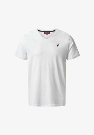 Witte katoenen V-hals T-shirt met korte mouwen en een klein donker logo op de linkerborst. Gladde textuur en klassieke pasvorm.