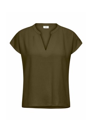 Blouse vert olive à manches courtes, encolure en V fendue, coupe ample, sans boutons ni motifs visibles.