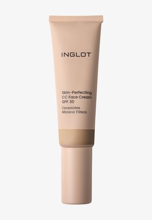 Tube de crème pour le visage CC Inglot Skin-Perfecting avec SPF 30, contenant des céramides et des filtres minéraux dans un emballage beige.
