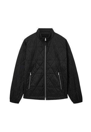 Giacca nera trapuntata con colletto alto, zip frontale e due tasche con zip. Il materiale ha una texture liscia con un motivo a diamante.