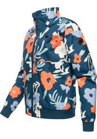 Floralna bomber jakna s tamnoplavom pozadinom i uzorcima cvijeća u narančastoj, ljubičastoj i bijeloj boji; uključuje zatvarač sprijeda i rebraste manžete.