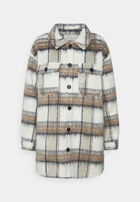 Long-sleeve button-up jacket with beige, brown, and gray plaid pattern, two chest pockets with buttons, and a soft textured fabric.