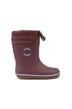 Bordeauxfarbener Gummistiefel mit strukturierter Oberfläche, Kordelzug am oberen Ende, grauem Akzentlogo und einer beigen Außensohle mit Profil für besseren Halt.