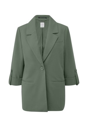 Groene blazer met één knoop, met inkeping in de revers, twee voorzakken en opgerolde mouwen die zijn vastgezet met knoop-lusjes.