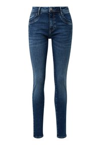 Jeans ajustados en denim azul oscuro con una textura suave. Presenta un talle alto, diseño de cinco bolsillos y un sutil detalle de desgaste.