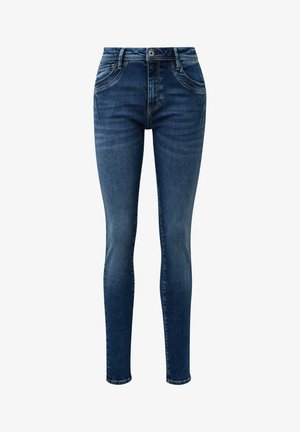 Kape jeans tummansinisen farkkukankaan kanssa, jossa on sileä rakenne. Ominaisuuksia ovat korkea vyötärö, viiden taskun muotoilu ja hienovarainen kulutusjälki.