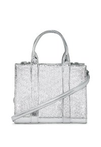 Silver handbag with a textured finish, featuring dual handles and a detachable shoulder strap. Rectangular shape with visible stitching.