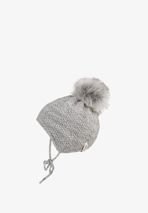 Gray knitted winter hat with earflaps, tied strings, and a large fluffy pom-pom on top against a white background.