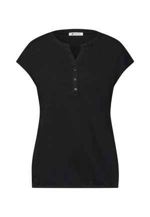 Zwarte blouse met korte mouwen, ronde gespleten halslijn en drieknopenbies, gemaakt van lichtgewicht stof.