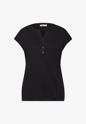 Zwarte blouse met korte mouwen, ronde gespleten halslijn en drieknopenbies, gemaakt van lichtgewicht stof.