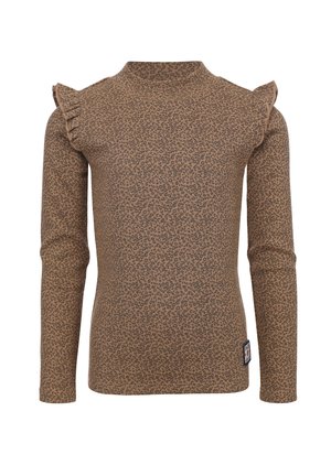 Bruine langemouwen top met dierenprint, voorzien van gerafelde schouderdetails en een ribbeltextuur. Zijlogo label.