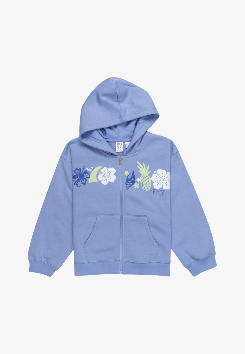 Světle modrá mikina na zip s kapucí, zdobená květinovými a ovocnými grafikami v námořnické modré, bílé a zelené barvě. Dvě přední kapsy. Měkká textilie.