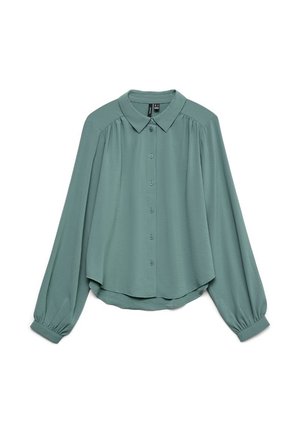Blouse à manches longues teal avec un col pointu, des boutons sur le devant et des épaules froncées. Tissu doux et léger avec une coupe ample et un ourlet arrondi.