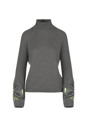 Pulover cu guler înalt, textură striată, de culoare gri închis. Are broderie florala verde și albă pe umeri.