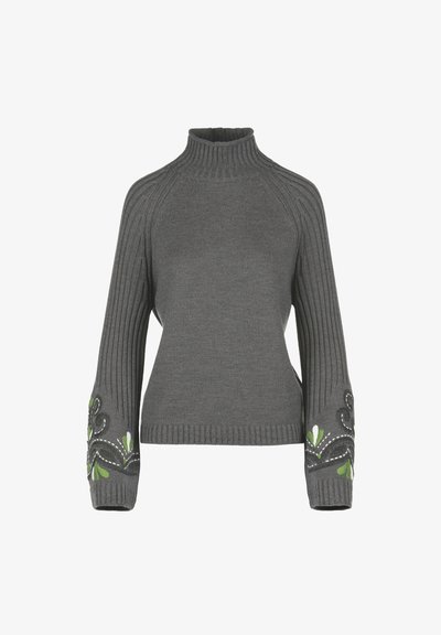 Pullover mit hohem Kragen, geripptem Stoff, in Dunkelgrau. Verziert mit grüner und weißer floralem Stickerei entlang der Ärmel.
