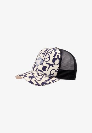 Trucker cap with a cream and navy pattern, featuring abstract letters. Mesh back, curved brim, and a small logo on the side.