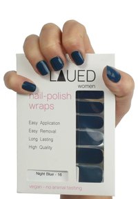Nail polish wraps in night blue, packaged in a white box. Features easy application and removal, with a glossy finish and vegan label.