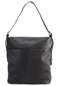 Zwarte leren schoudertas met een gestructureerd ontwerp. Heeft een vlakke voorkant met contrasterende patronen en een enkele verstelbare schouderriem.