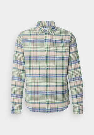 Košile s dlouhým rukávem z měkké látky. Vyznačuje se pestrou kostkovanou vzorem v zelené, modré a růžové barvě. Zapínání na knoflíky vpředu a límec.