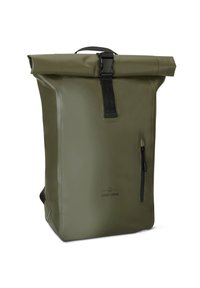 Olive zöld, vízálló anyagból készült, felgörgős hátizsák, klipsz záródással, oldalsó cipzáras zsebbel és állítható pántokkal.